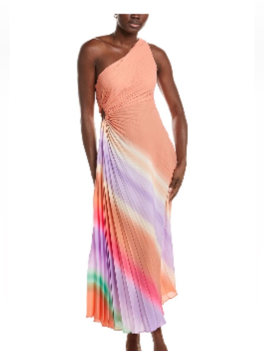 Nicole Miller One-Shoulder Peach & Multicolor Pleated Maxi Dress